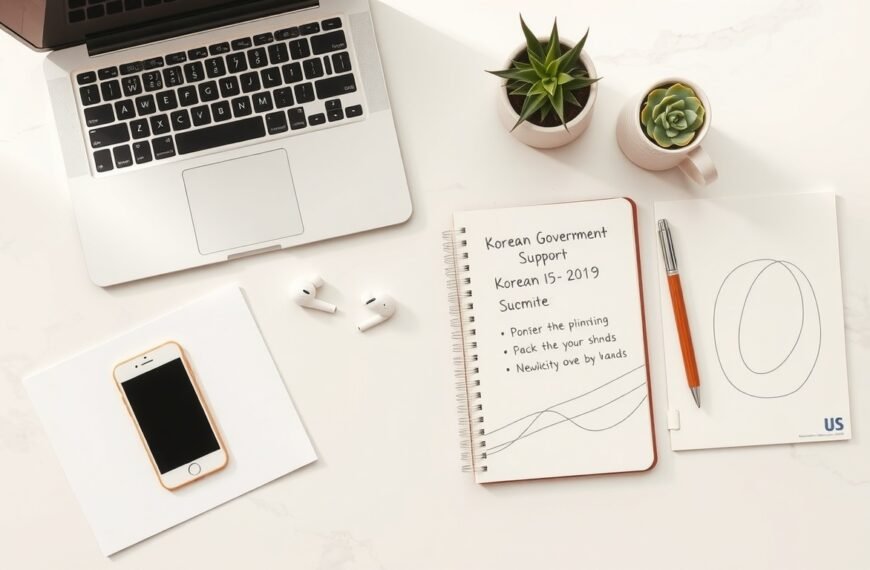 청년 지원금 - flat lay of Korean government support documents, smartphone, and notebook on white desk, youth support fund concept