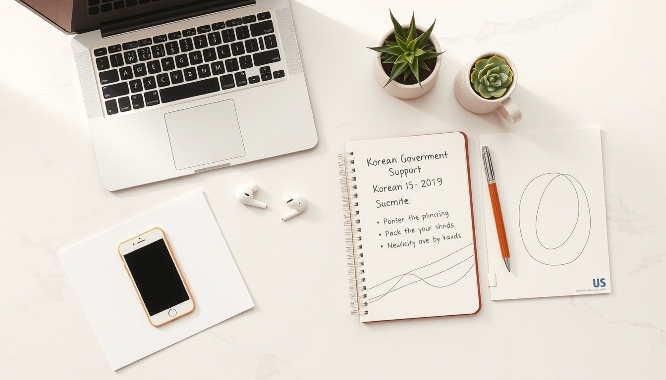 청년 지원금 - flat lay of Korean government support documents, smartphone, and notebook on white desk, youth support fund concept