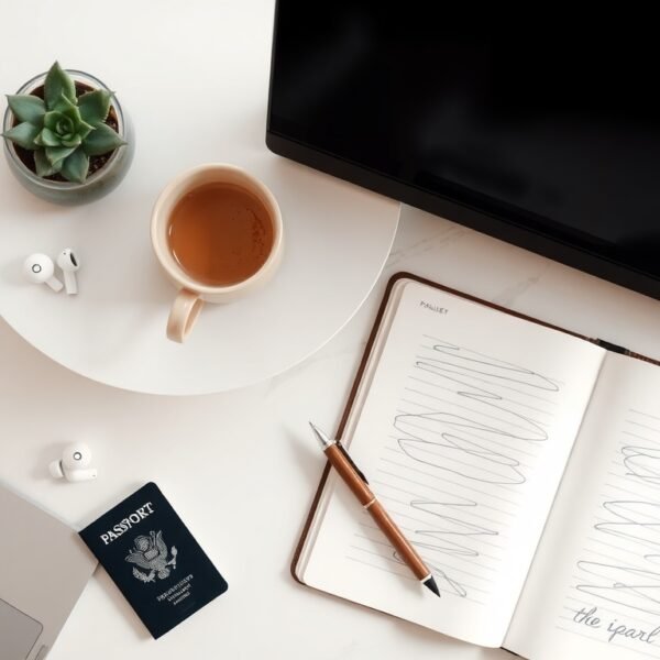디지털노마드 - flat lay of laptop, passport, coffee cup and notebook on white desk, digital nomad lifestyle concept