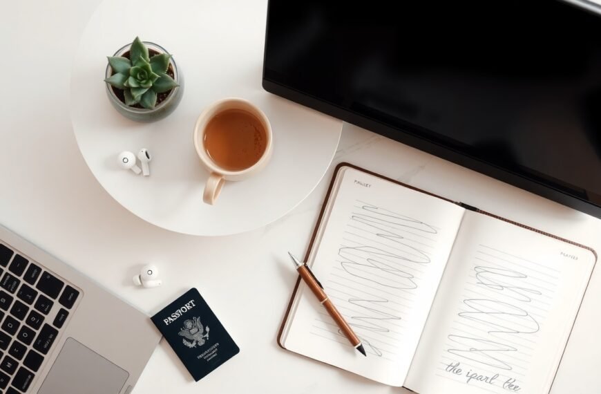 디지털노마드 - flat lay of laptop, passport, coffee cup and notebook on white desk, digital nomad lifestyle concept