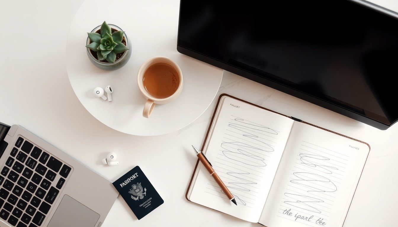 디지털노마드 - flat lay of laptop, passport, coffee cup and notebook on white desk, digital nomad lifestyle concept