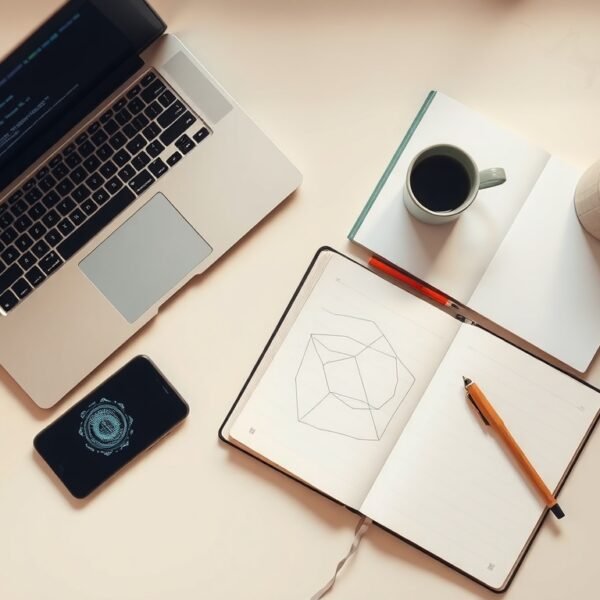 AI 코딩 - flat lay of laptop with AI coding interface on screen, smartphone and coffee cup on white desk, AI coding concept
