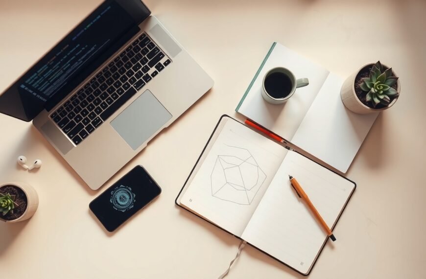 AI 코딩 - flat lay of laptop with AI coding interface on screen, smartphone and coffee cup on white desk, AI coding concept