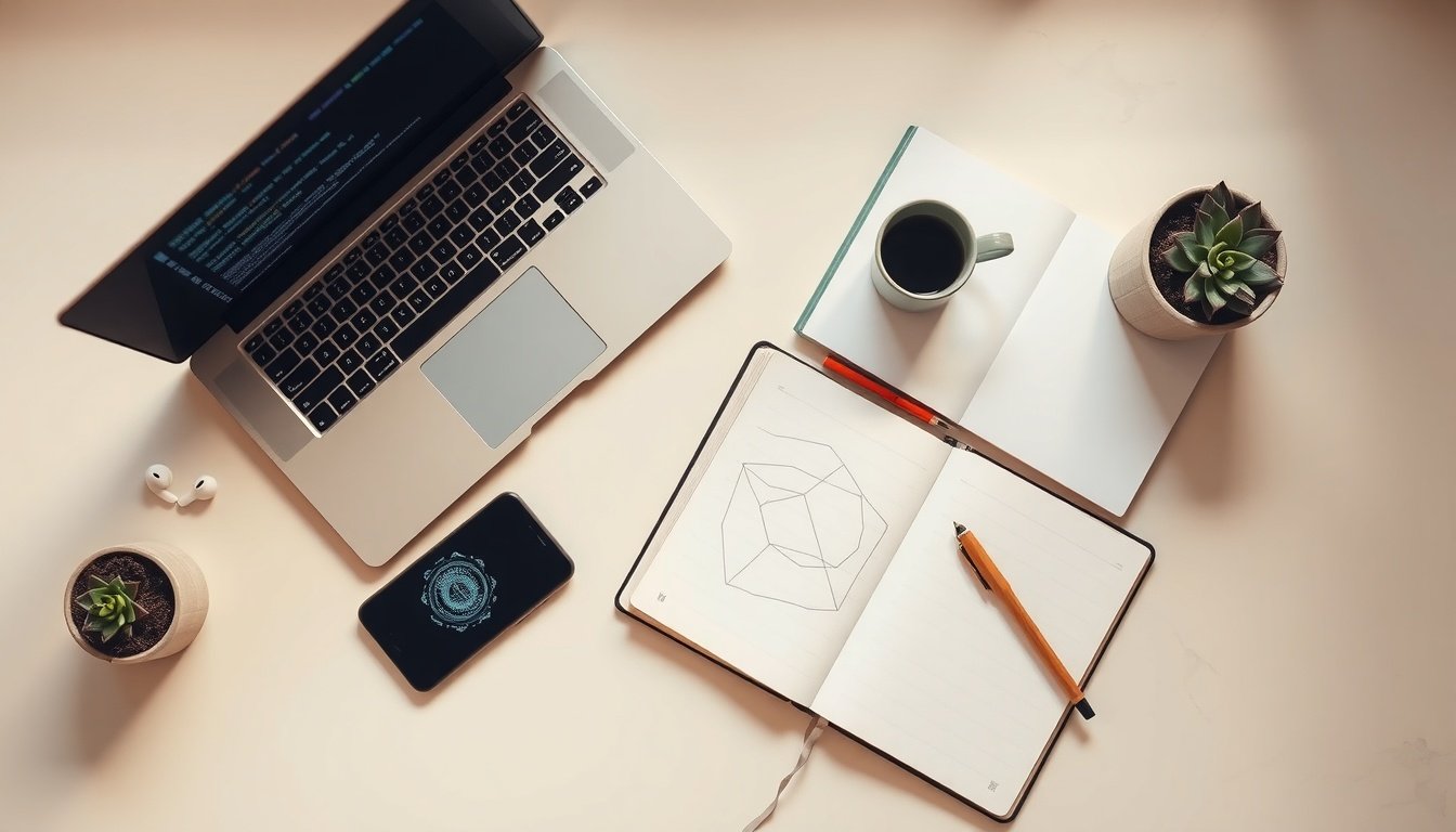 AI 코딩 - flat lay of laptop with AI coding interface on screen, smartphone and coffee cup on white desk, AI coding concept