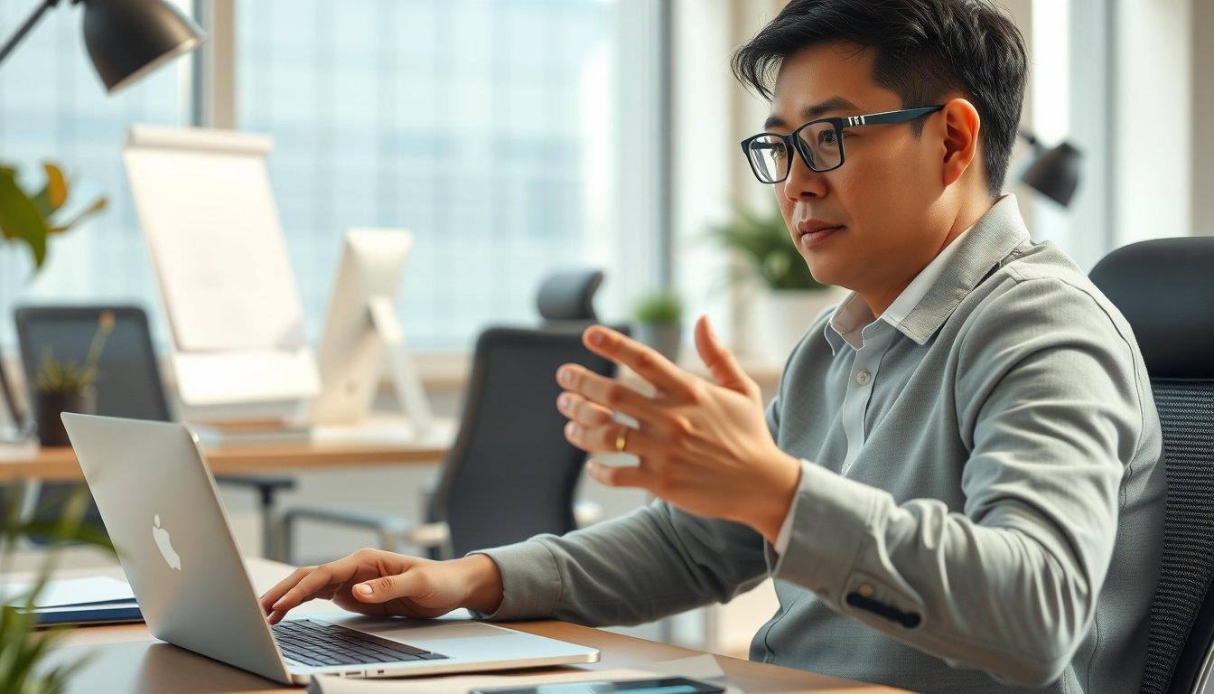챗봇 만들기 - upper body shot of Korean man with face visible, sitting at desk and building chatbot flow on laptop screen, natural hands, modern office setting