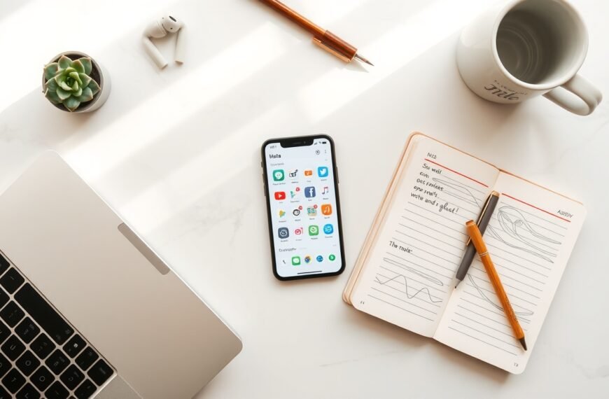 SNS 마케팅 - flat lay of smartphone showing social media apps icons on white desk, SNS marketing concept 2026