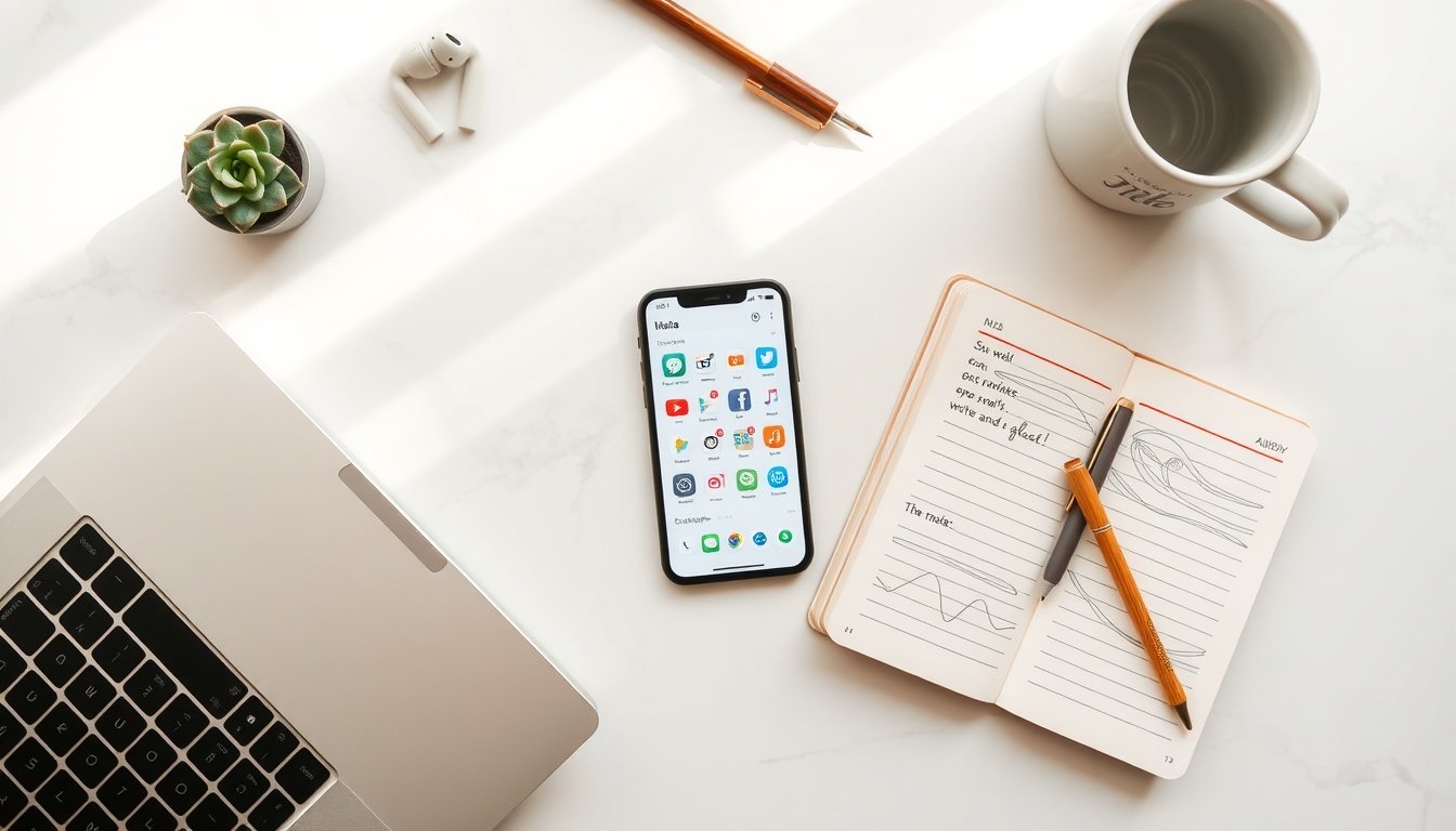 SNS 마케팅 - flat lay of smartphone showing social media apps icons on white desk, SNS marketing concept 2026