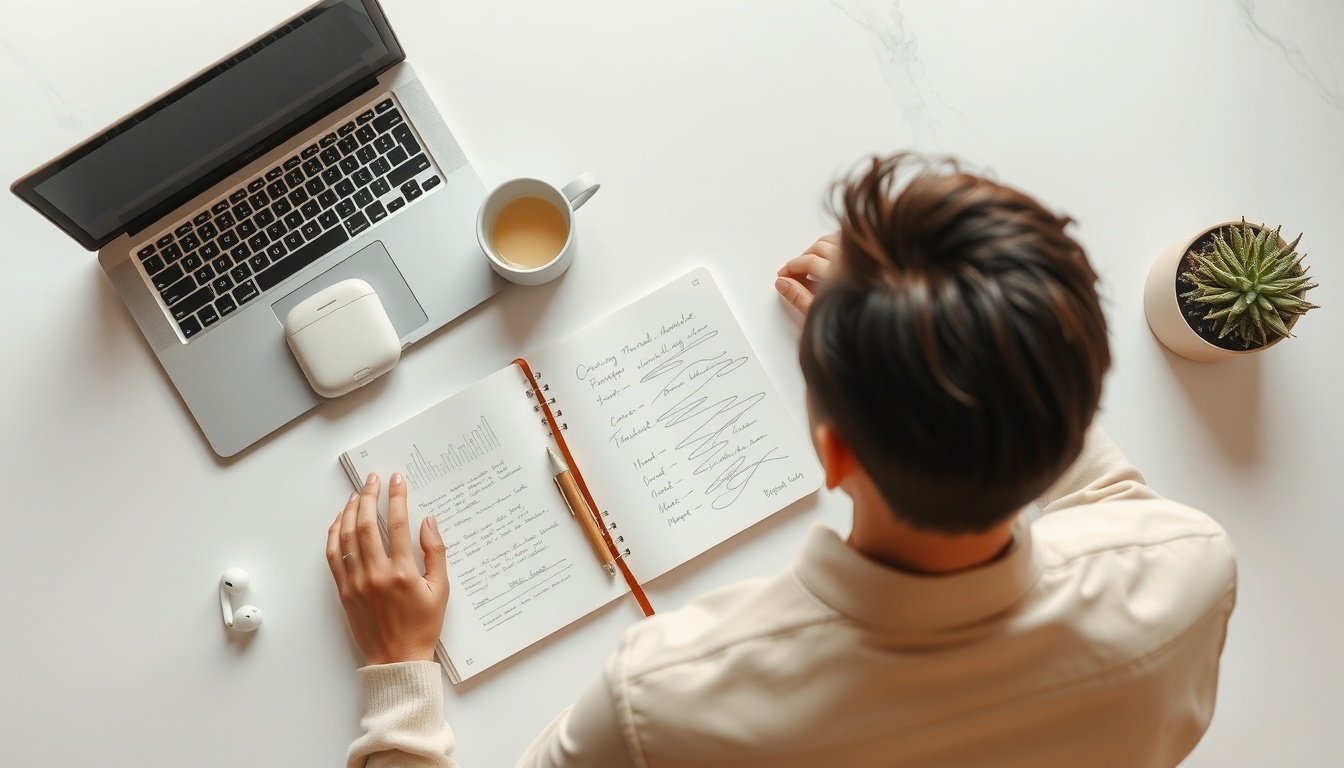 페이스북 광고 - Korean small business owner upper body shot with face visible, analyzing Facebook Ads Manager on laptop screen, natural hands, modern office background