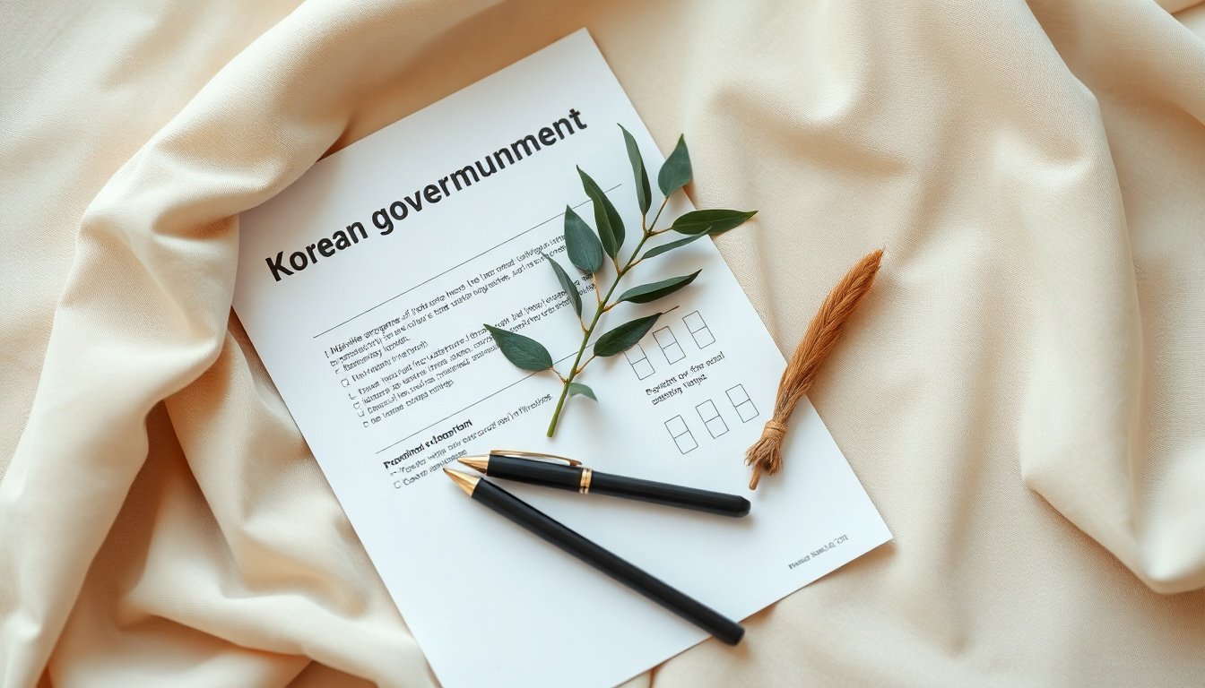 복지로 신청 - flat lay of Korean government support documents, checklist, and pen on blue background, welfare application guide concept