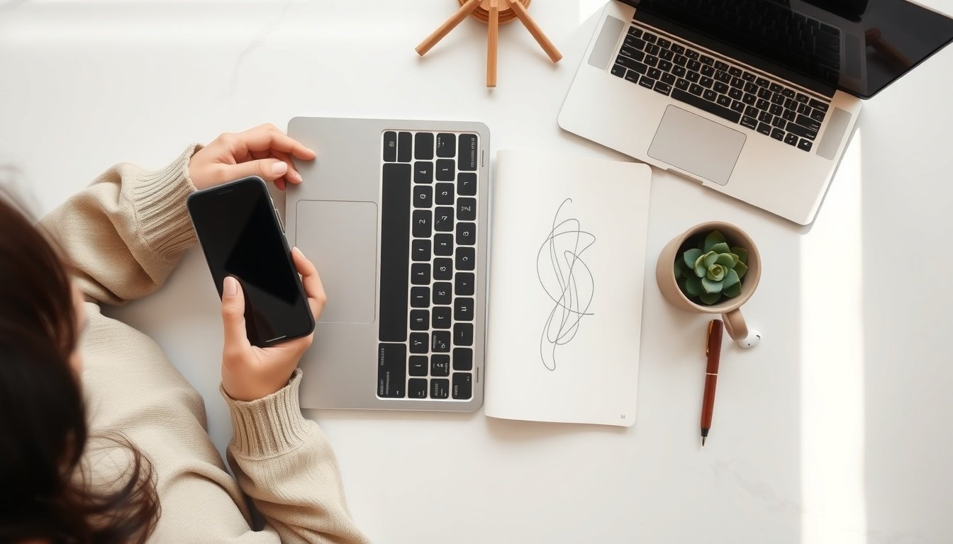 틱톡 알고리즘 - Korean woman upper body shot with face visible, smiling while looking at smartphone screen showing social media analytics, natural hands, bright home office background