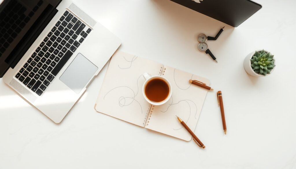 블로그 협찬 - flat lay of laptop, notebook, and coffee cup on white desk, blog sponsorship strategy concept