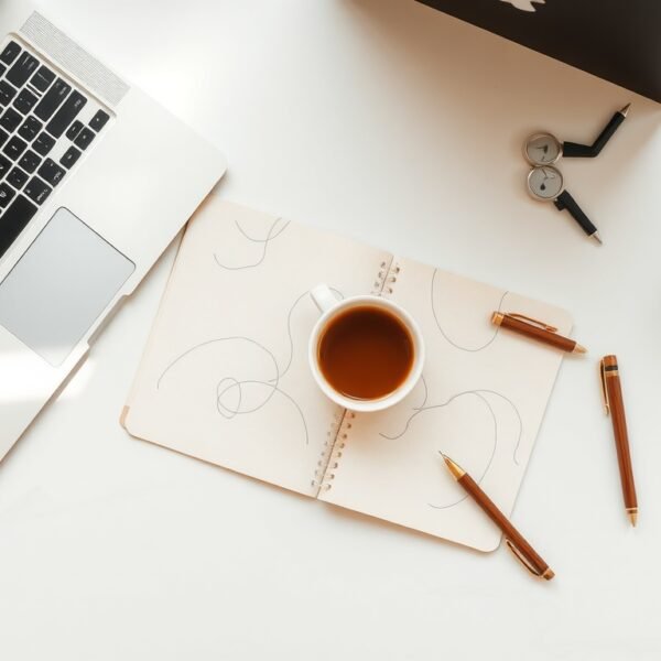 블로그 협찬 - flat lay of laptop, notebook, and coffee cup on white desk, blog sponsorship strategy concept