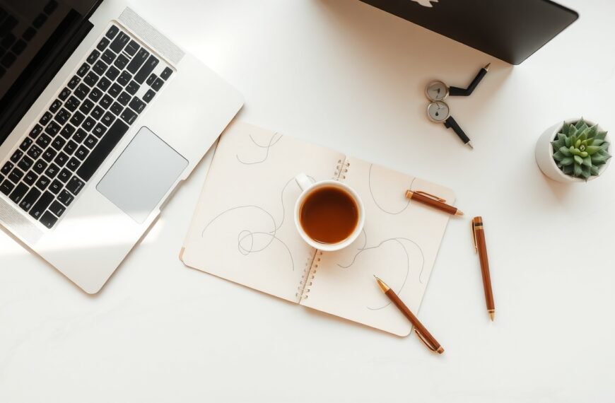 블로그 협찬 - flat lay of laptop, notebook, and coffee cup on white desk, blog sponsorship strategy concept