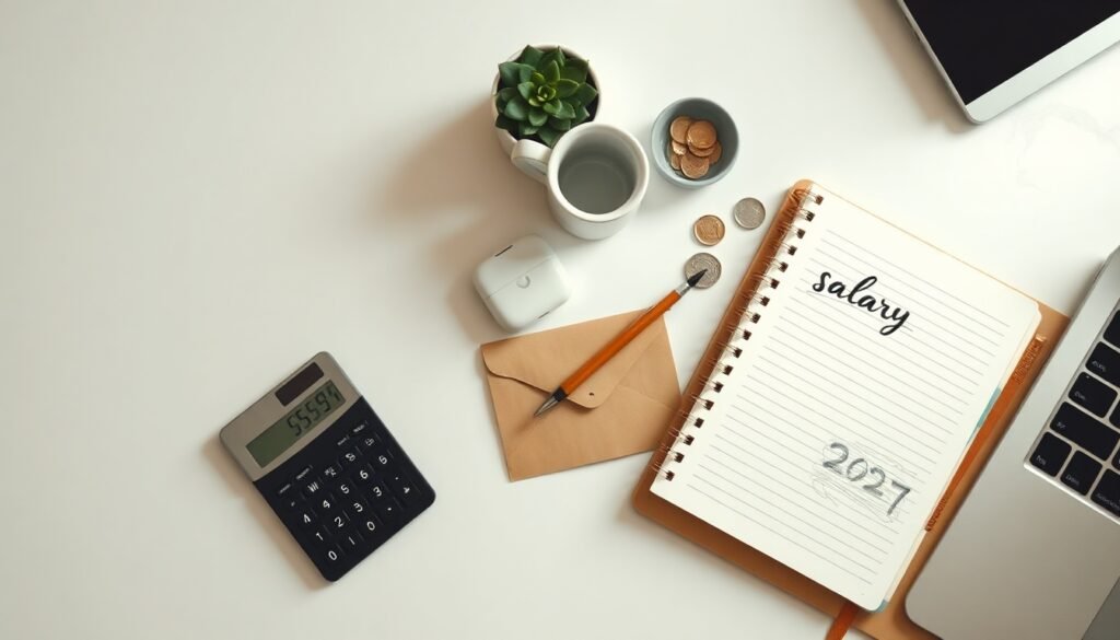 월급 관리 - flat lay of salary envelope, notebook, calculator and coins on white desk, monthly salary management concept