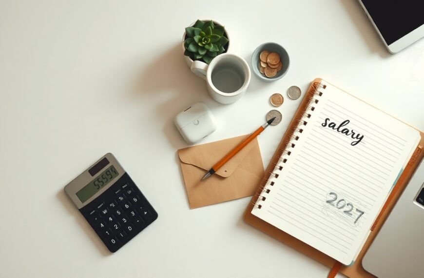 월급 관리 - flat lay of salary envelope, notebook, calculator and coins on white desk, monthly salary management concept