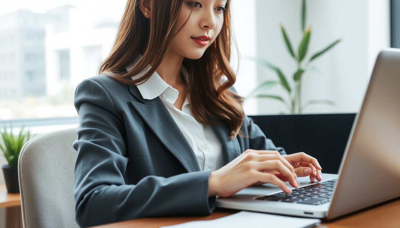 콘텐츠 마케팅 - Korean woman upper body shot with face visible, analyzing blog content marketing data on laptop screen, natural hands, modern home office setting