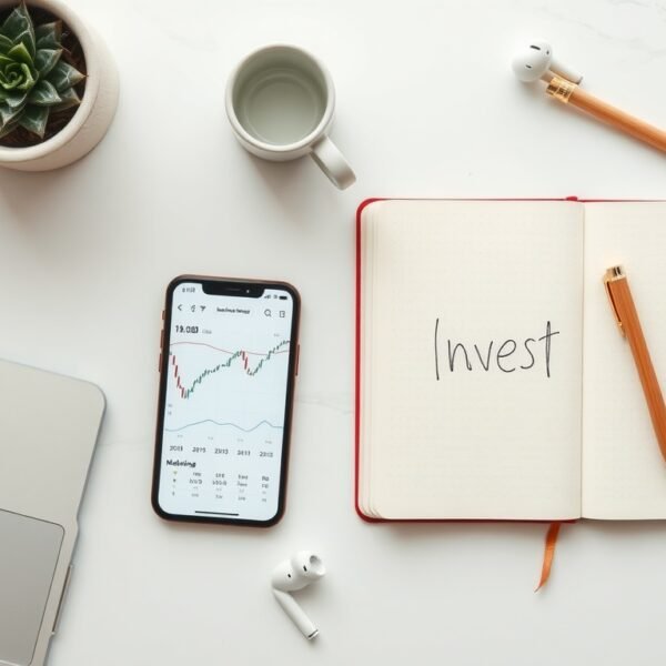 코인 투자 - flat lay of smartphone showing cryptocurrency chart app and notebook with investment notes on white desk, coin investment strategy concept