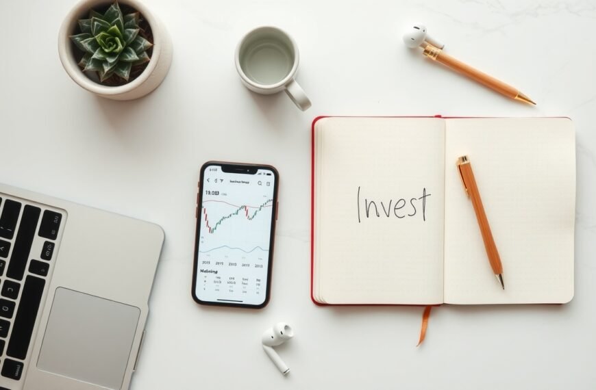 코인 투자 - flat lay of smartphone showing cryptocurrency chart app and notebook with investment notes on white desk, coin investment strategy concept