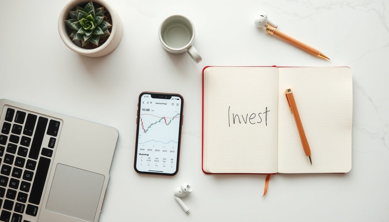 코인 투자 - flat lay of smartphone showing cryptocurrency chart app and notebook with investment notes on white desk, coin investment strategy concept