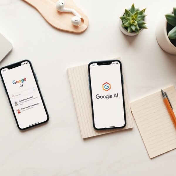 구글 AI - flat lay of smartphone displaying Google AI interface on white desk with notebook and pen, modern productivity concept