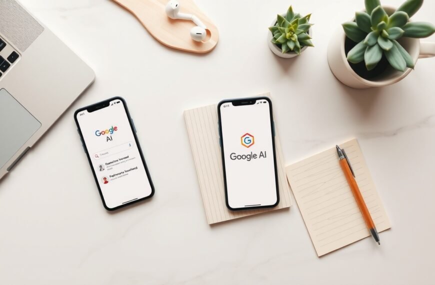 구글 AI - flat lay of smartphone displaying Google AI interface on white desk with notebook and pen, modern productivity concept