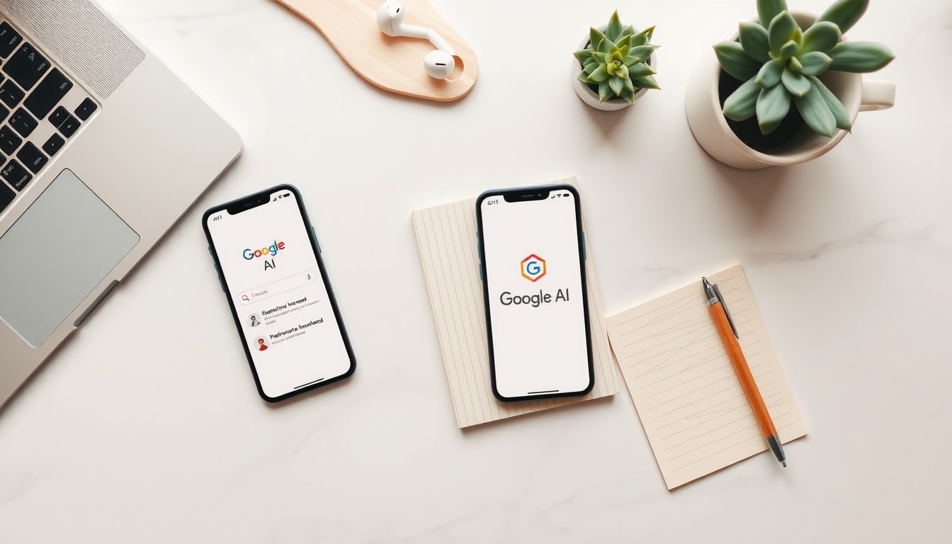 구글 AI - flat lay of smartphone displaying Google AI interface on white desk with notebook and pen, modern productivity concept