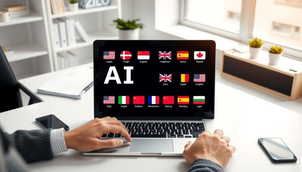 AI 번역 - flat lay of laptop showing AI translation interface with multiple language flags on white desk, AI translation concept