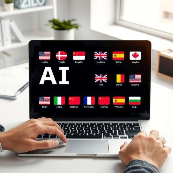 AI 번역 - flat lay of laptop showing AI translation interface with multiple language flags on white desk, AI translation concept