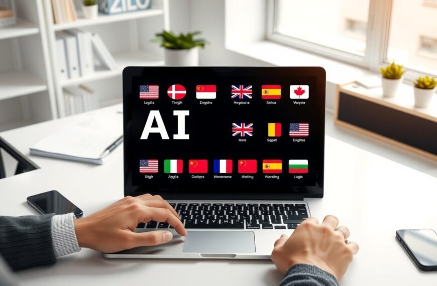AI 번역 - flat lay of laptop showing AI translation interface with multiple language flags on white desk, AI translation concept