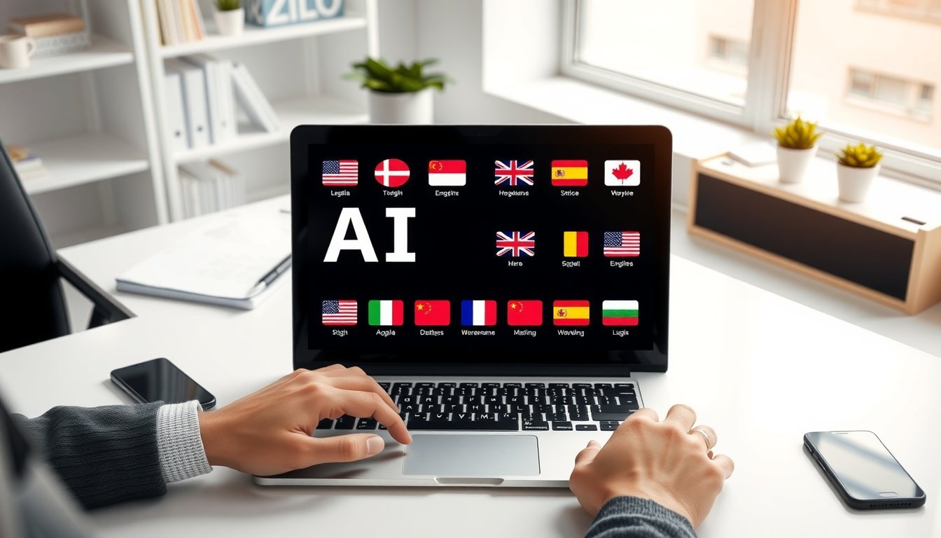 AI 번역 - flat lay of laptop showing AI translation interface with multiple language flags on white desk, AI translation concept