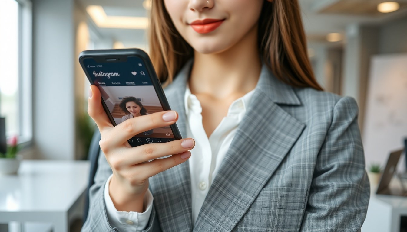 인스타 광고 - Korean woman upper body shot with face visible, looking at Instagram ad creative on smartphone with natural hands, modern office background