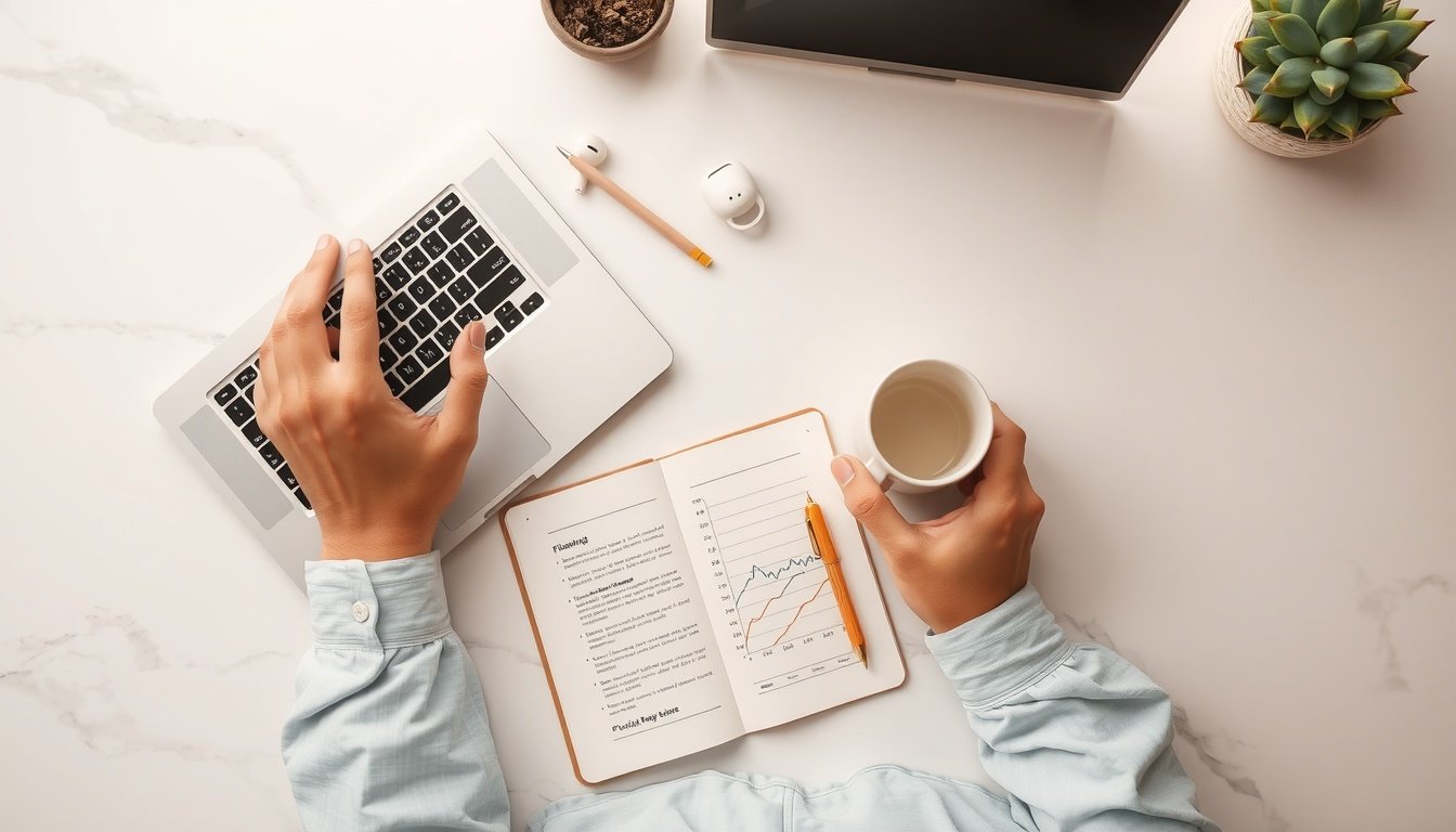 금리 전망 - Korean businessman upper body shot with face visible, reviewing financial documents and interest rate charts at office desk, natural hands