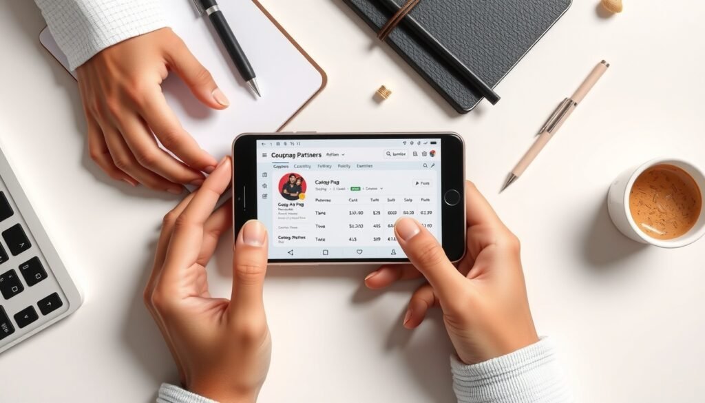 쿠팡파트너스 - flat lay of smartphone showing Coupang Partners affiliate dashboard with notebook and pen on white desk, coupang partners revenue concept