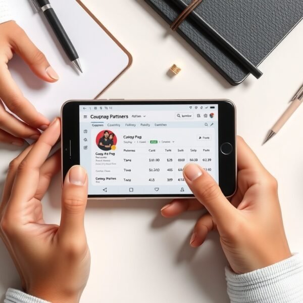 쿠팡파트너스 - flat lay of smartphone showing Coupang Partners affiliate dashboard with notebook and pen on white desk, coupang partners revenue concept