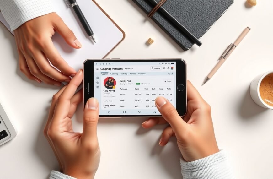 쿠팡파트너스 - flat lay of smartphone showing Coupang Partners affiliate dashboard with notebook and pen on white desk, coupang partners revenue concept