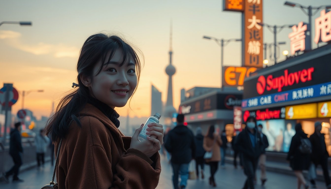 라이브 커머스 - Korean woman upper body shot with face visible, holding product in front of smartphone on tripod for live commerce streaming, natural hands, bright studio background