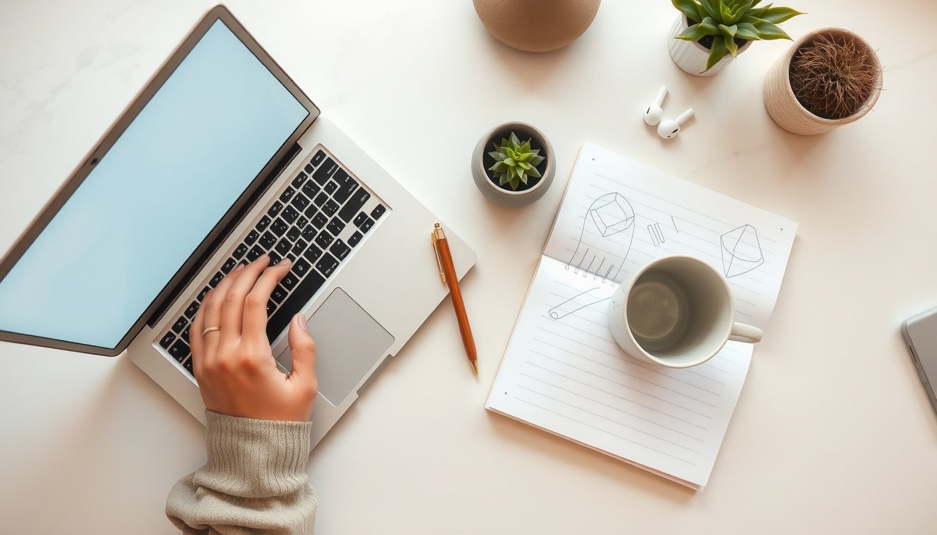 백링크 전략 - Korean male blogger upper body shot with face visible, analyzing backlink strategy on laptop screen, natural hands, modern home office
