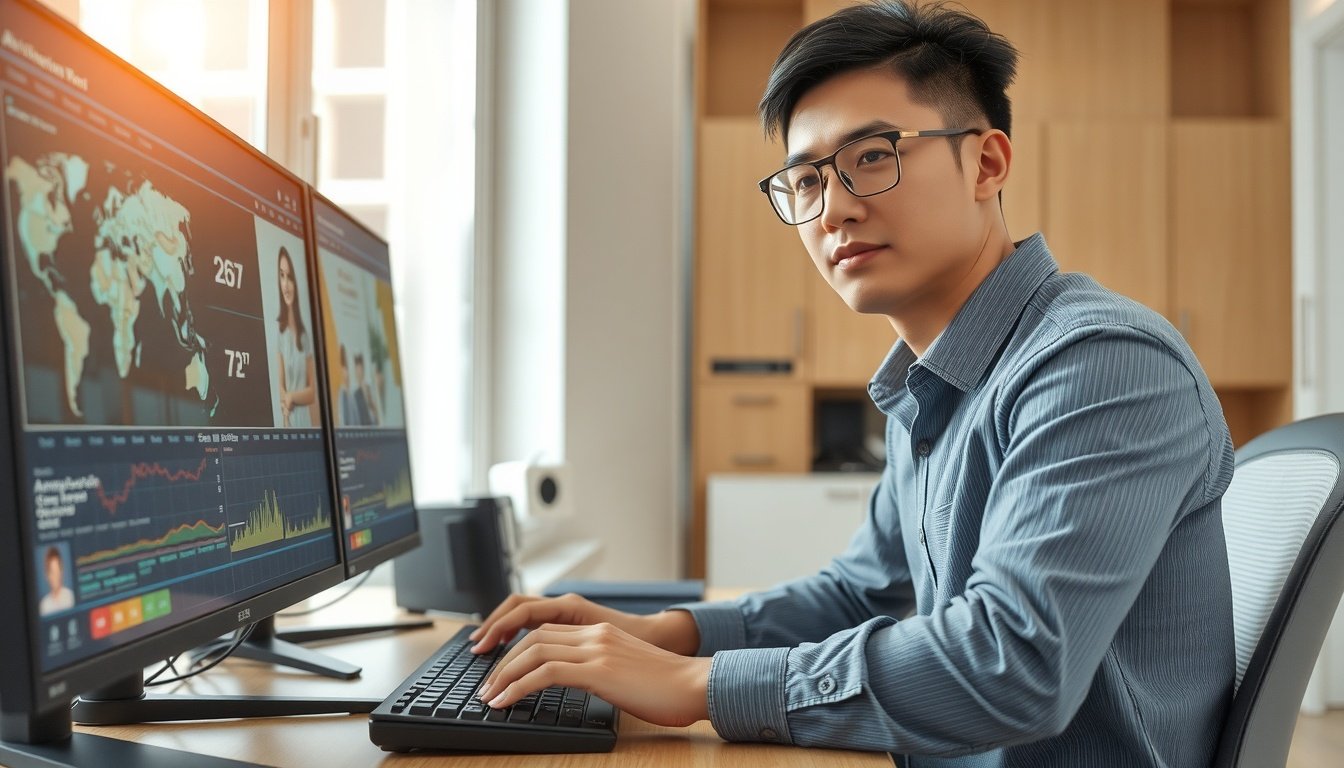 소라 AI - Korean male content creator upper body shot with face visible, working on AI video generation project on dual monitor setup, natural hands on keyboard