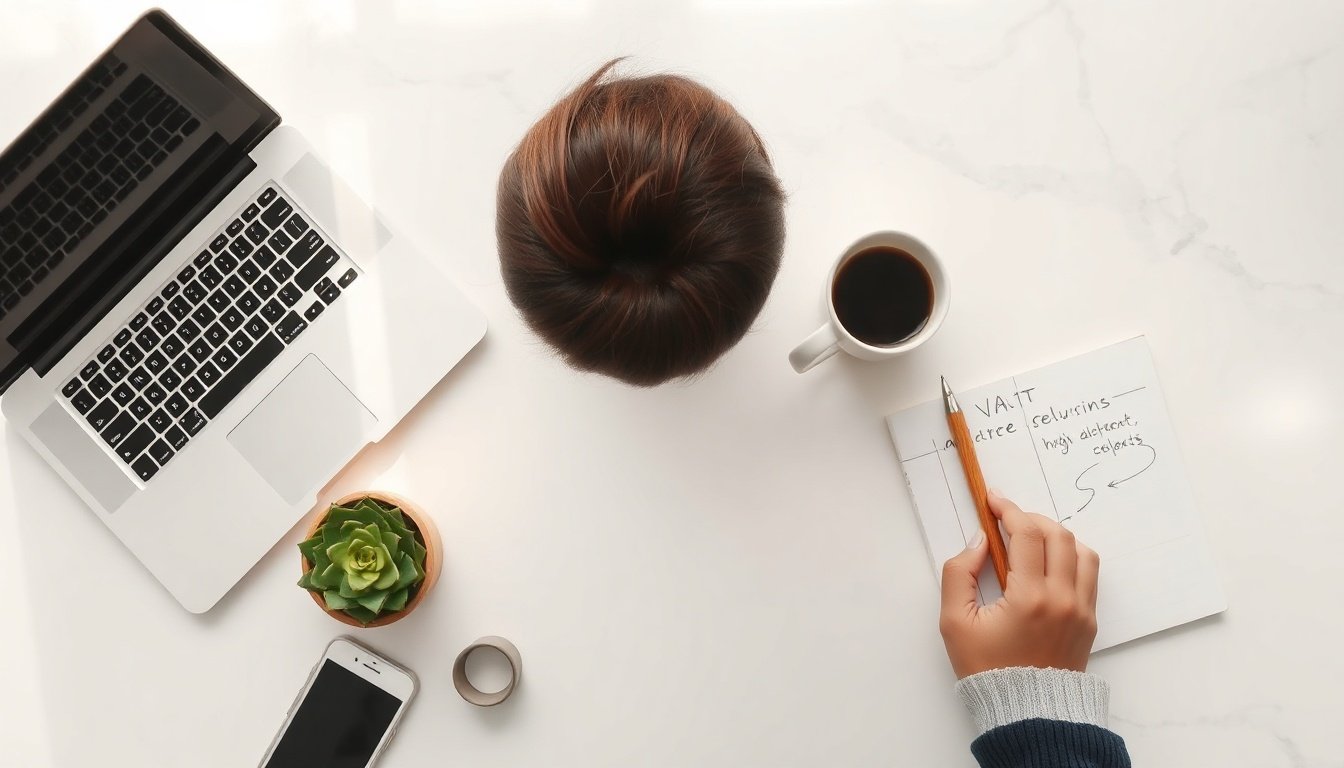 부가세 신고 - Korean business owner upper body shot with face visible, filing VAT tax return on laptop using Hometax website, natural hands, bright home office background