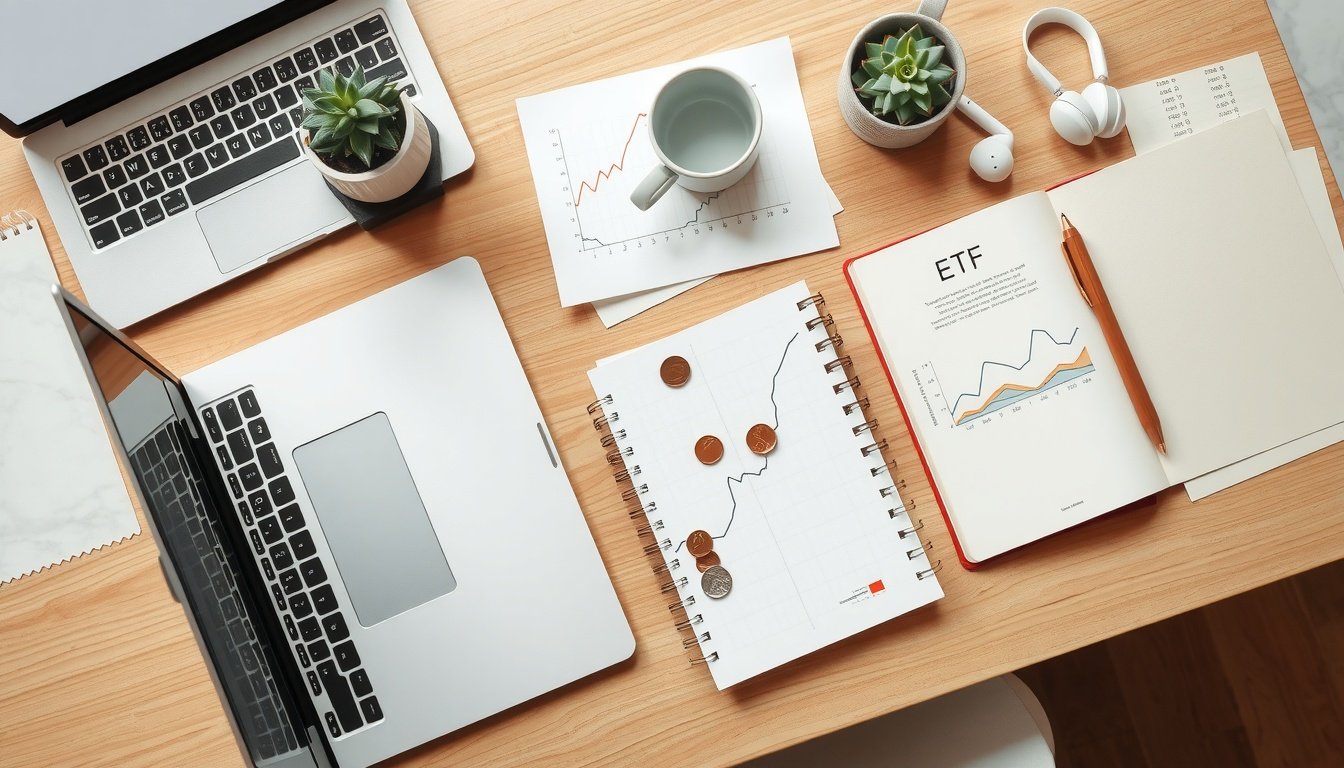 ETF 투자 - flat lay of investment growth chart, coins, and ETF fund documents on wooden desk, financial success concept