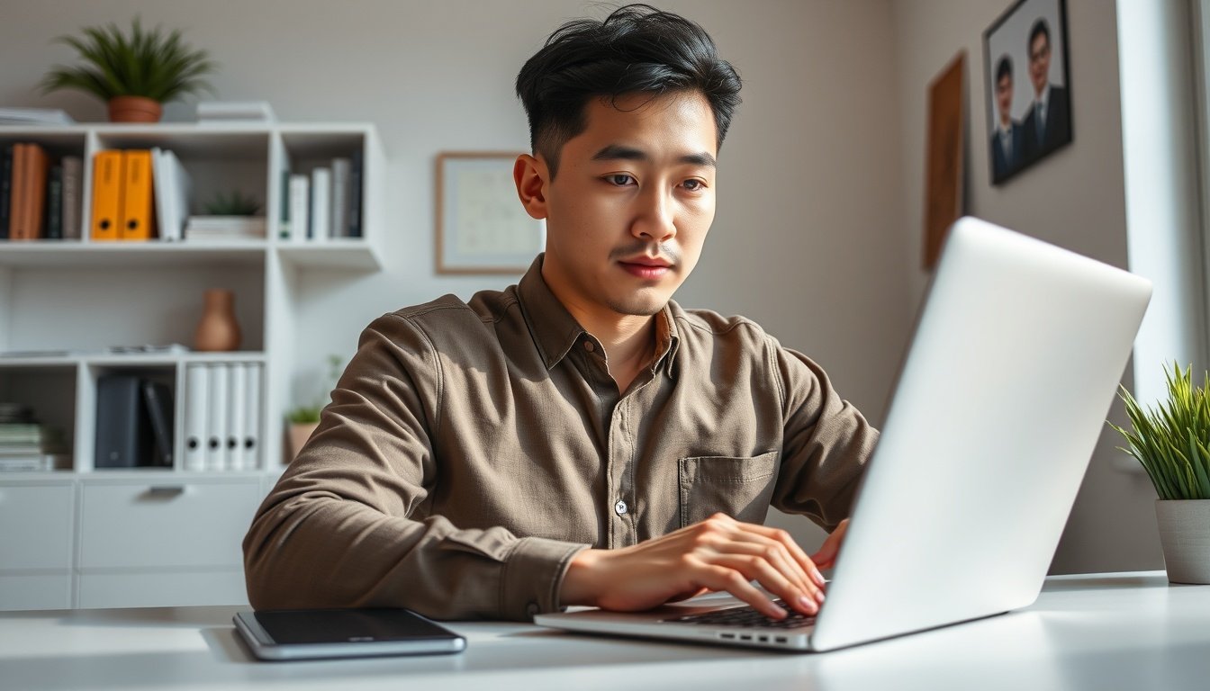부업 추천 - Korean male professional upper body shot with face visible, working on laptop at home desk for side income, natural hands, warm lighting