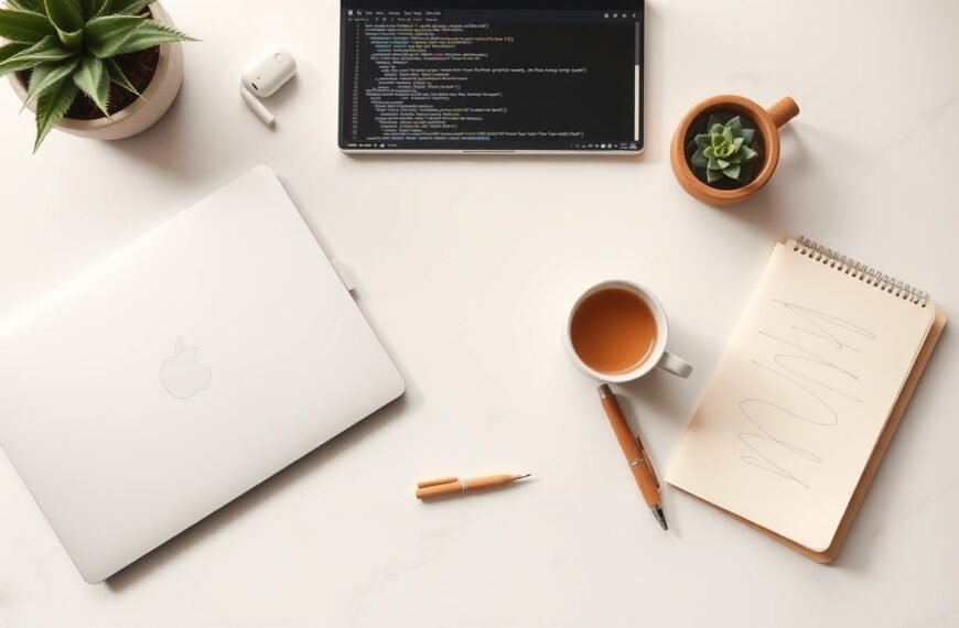 파이썬 강좌 - flat lay of laptop showing Python code editor with notebook and coffee cup on white desk, Python programming concept