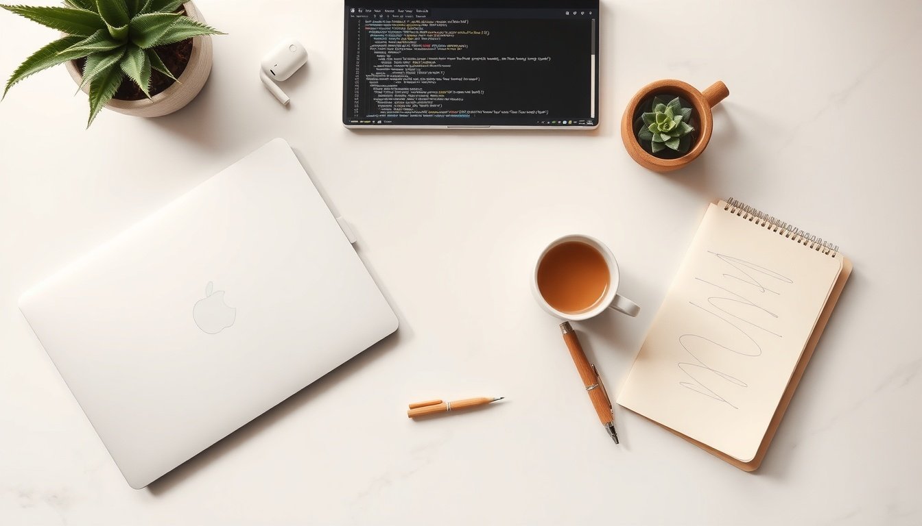 파이썬 강좌 - flat lay of laptop showing Python code editor with notebook and coffee cup on white desk, Python programming concept
