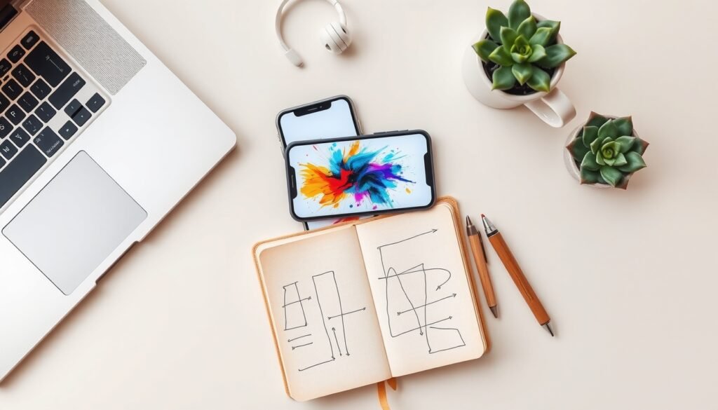 AI 이미지 생성 - flat lay of smartphone showing AI generated art on screen with colorful abstract images around it on white desk, AI image generation concept