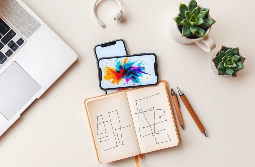 AI 이미지 생성 - flat lay of smartphone showing AI generated art on screen with colorful abstract images around it on white desk, AI image generation concept