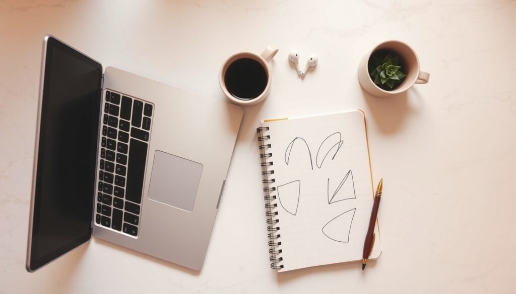 사이드 프로젝트 - flat lay of notebook laptop and smartphone on white desk, side project income strategy concept for Korean workers