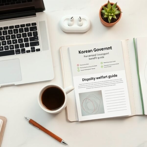 장애인 지원금 - flat lay of Korean government support document, disability welfare benefit guide, official paperwork on clean white desk