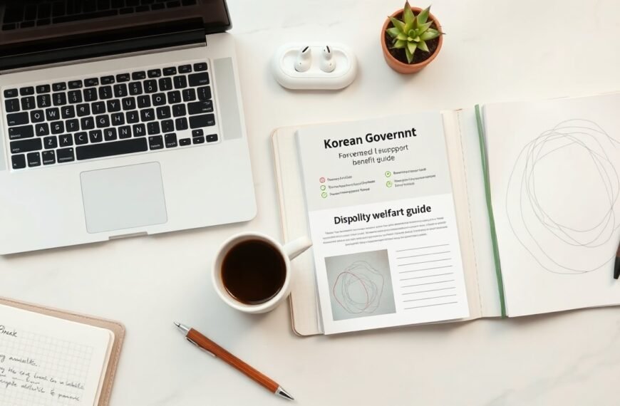 장애인 지원금 - flat lay of Korean government support document, disability welfare benefit guide, official paperwork on clean white desk