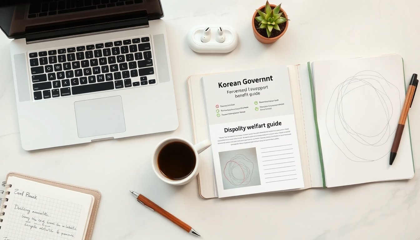 장애인 지원금 - flat lay of Korean government support document, disability welfare benefit guide, official paperwork on clean white desk