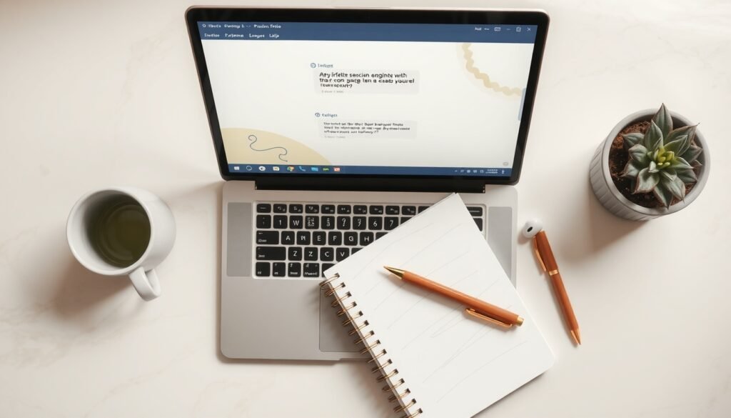 프롬프트 엔지니어링 - flat lay of laptop screen showing AI chatbot interface with prompt engineering concept, clean white desk setup